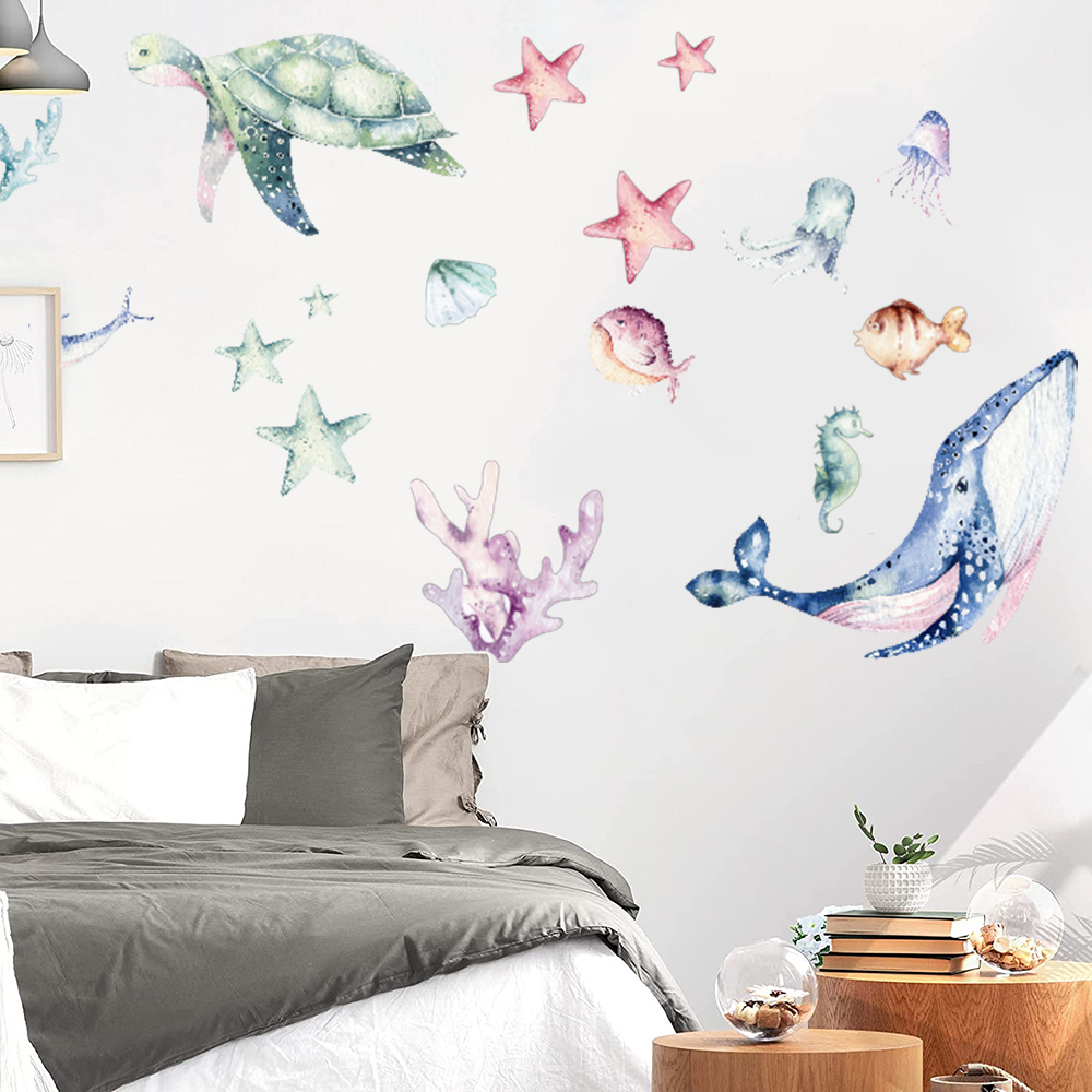Watercolor Sea Life Ocean Wall - đánh giá và giá Home Bathroom Floor Tiles