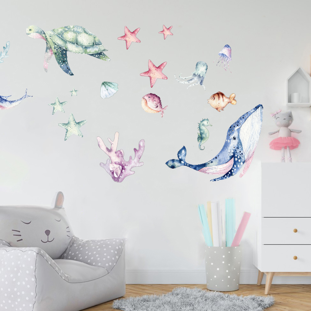 Watercolor Sea Life Ocean Wall - đánh giá và giá Home Bathroom Floor Tiles