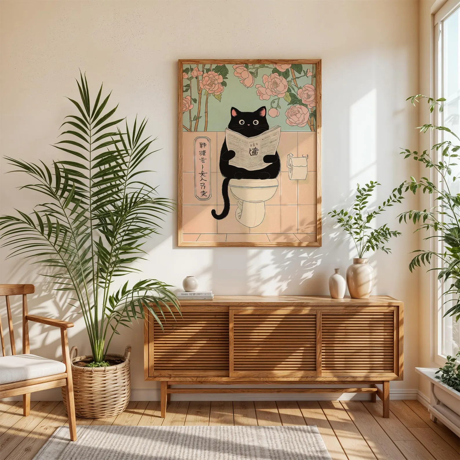 Japanese Black Cat on a toilet - đánh giá và giá Home Bathroom Wall Decor
